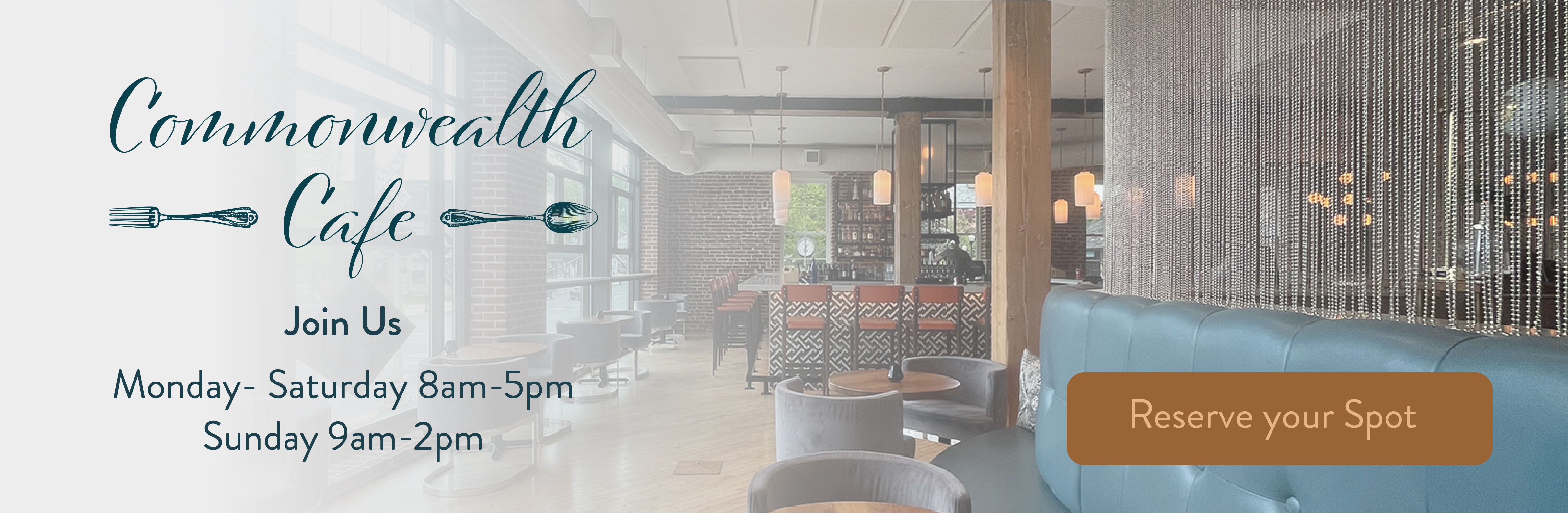 Photograph of interior of Cafe, with teal booth cushions and C shaped grey suede table chairs. Dark wooden Bar with black and white wall tiles in background. It has Wooden bar chairs with burnt orange padding. Brick walls on left and far wall with big beautiful windows letting in tons of light. 