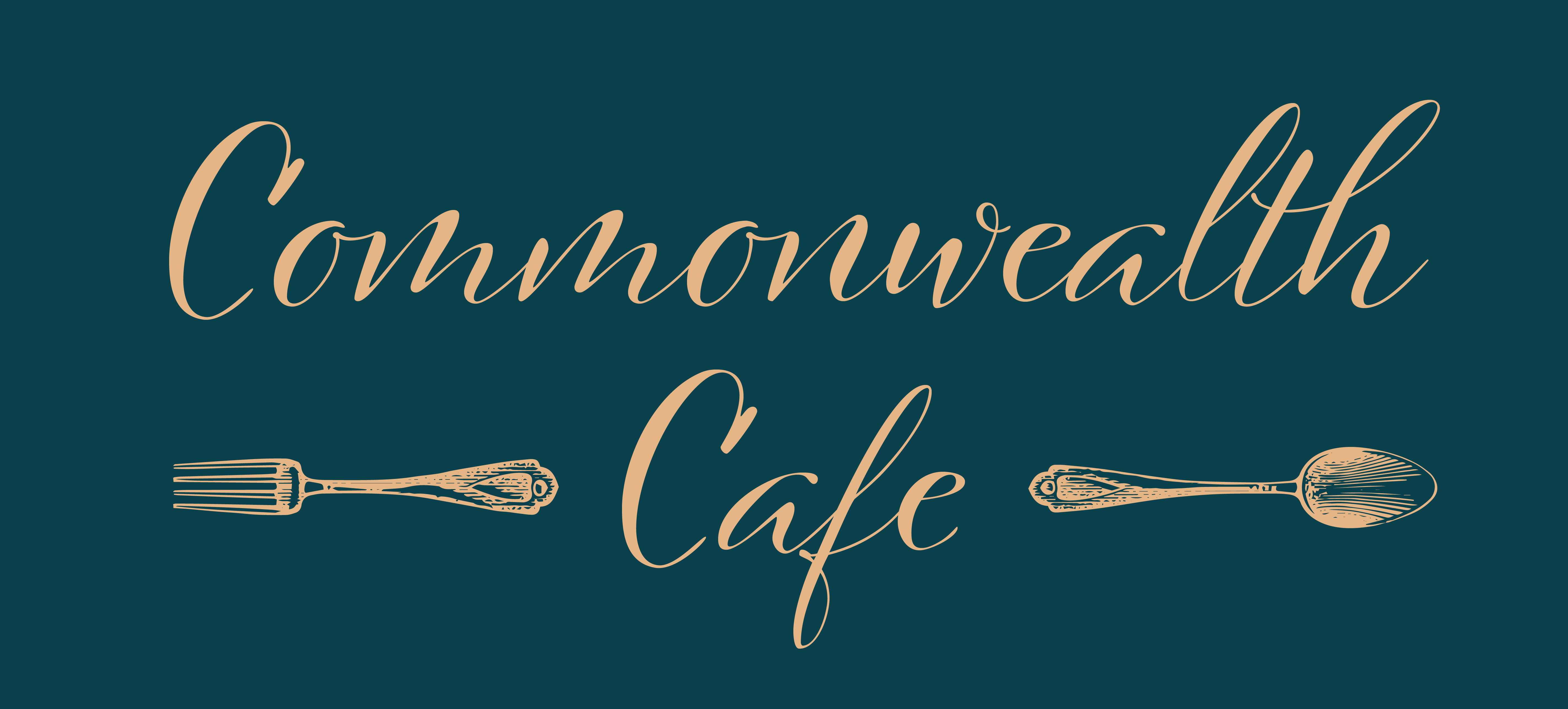 Commonwealth Cafe Logo in a warm burnt orange with a horizontal fork and spoon to either side. Background a cool dark teal.